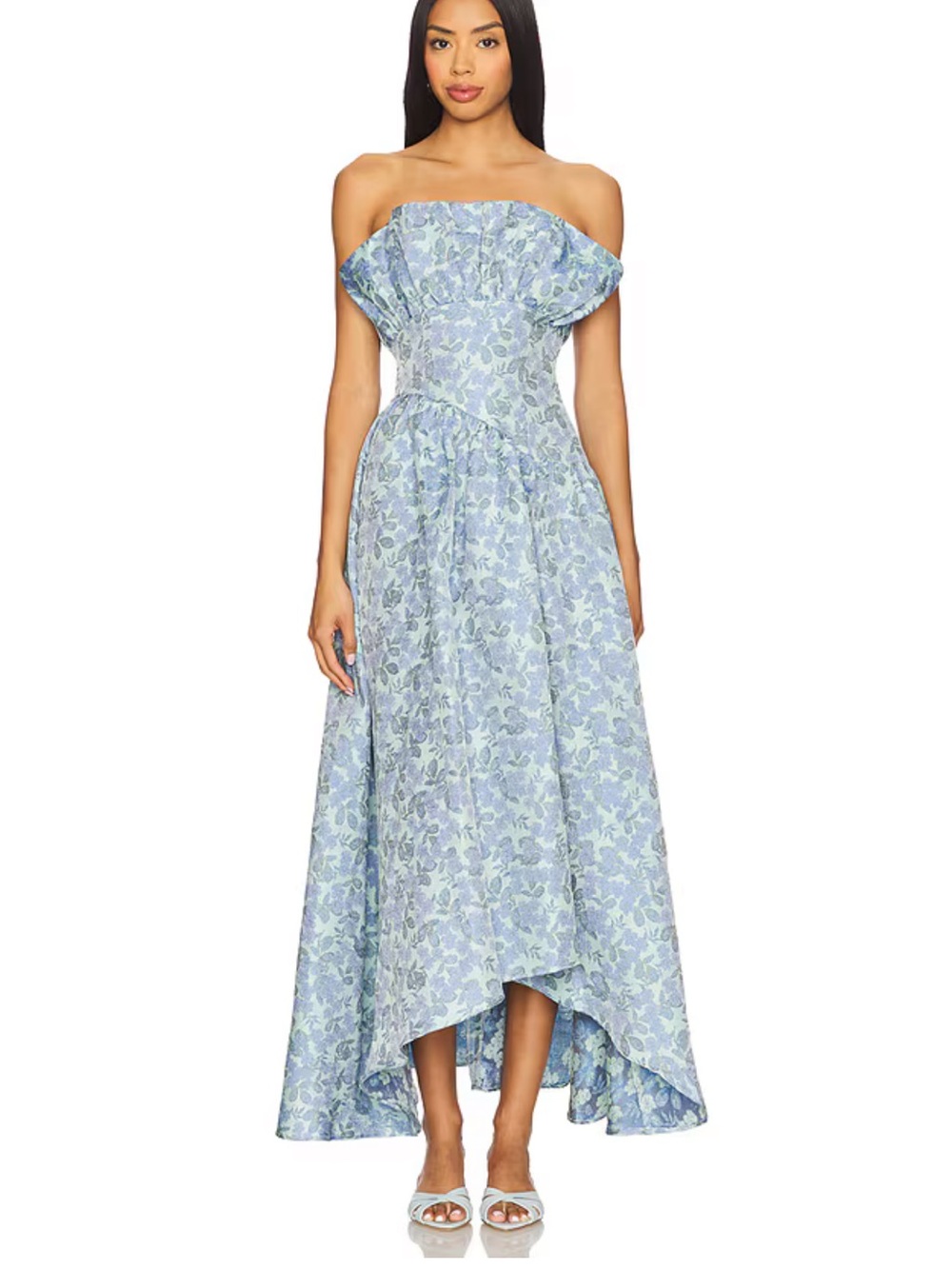 Elliatt Jacquard Asymmetric Gown in Blue Floral